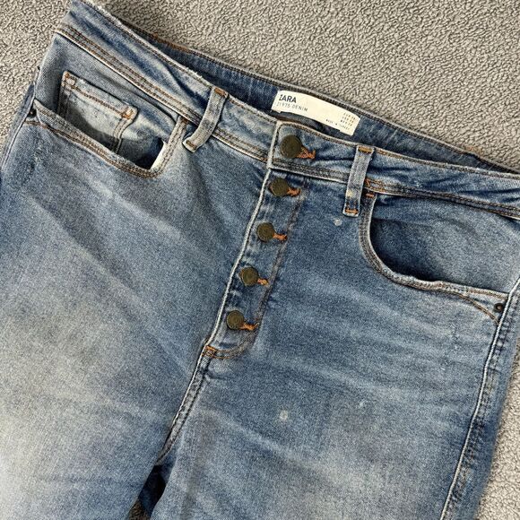 Zara Distressed High Rise Button Fly Crop Jeans Size 6 Blue - Picture 7 of 13